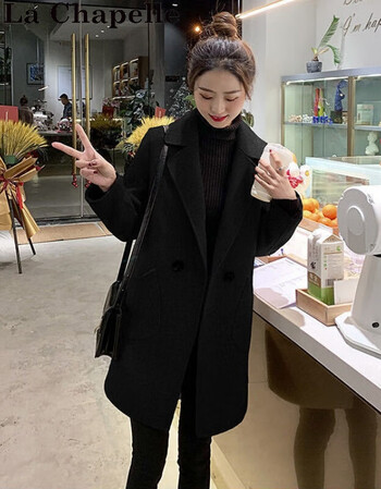 咖啡色毛呢外套女中长款2021秋冬季新款韩版宽松小个子呢子大衣黑色此