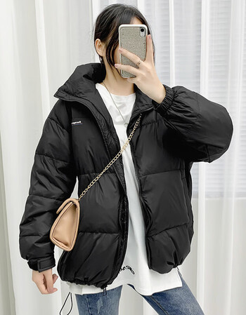 女冬季新款韩版短款时尚潮流宽松保暖外套学生立领百搭上衣黑色m125