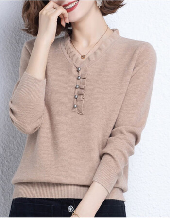 恒源祥羊绒衫女新款21短款宽松v领时尚木耳边秋冬衫女式内搭毛衣女士