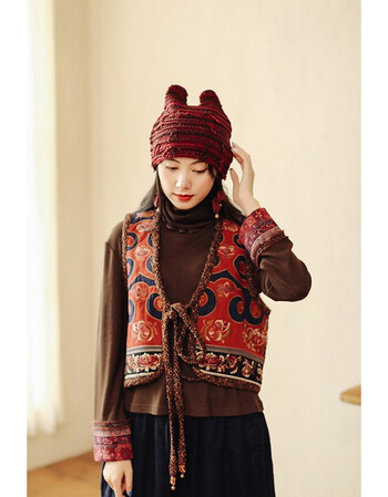 知笔墨棉麻仿老重工刺绣文艺复古民族风夹棉马甲短上衣棉背心冬咖啡色