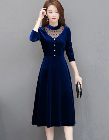 21年新款金丝绒连衣裙女贵夫人气质收腰v领复古洋气a字裙女士女式显瘦