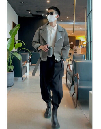 抖音同款抖音网红阿航工作室轻熟风2021秋装新款快手潮男穿搭亮面夹克