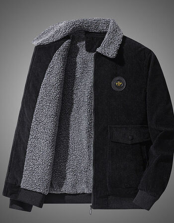 中年宽松休闲工装大码灯芯绒外套男x黑色加绒加厚l建议105斤到120斤