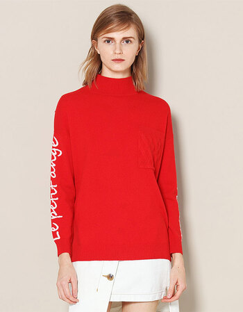 皮皮狗纯山羊绒圆领字母嵌花套衫毛衣针织羊绒衫463大红色l105