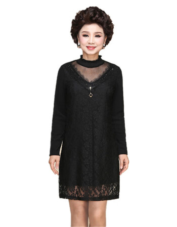 感言 妈妈春秋装连衣裙新款中年女装时尚长袖加绒蕾丝裙子中老年打底