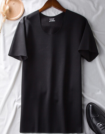 半截袖男冬季胖子无痕加绒男加厚圆领修身大码磨毛保暖上衣秋冬黑色