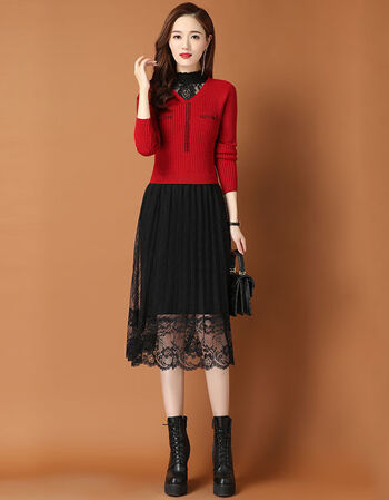 连衣裙子女长袖秋冬季2021年秋冬新款女蕾丝打底裙假两件修身长款加绒