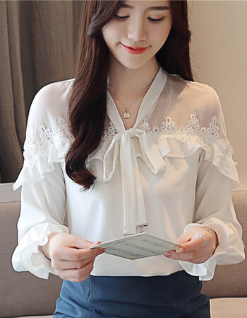 蕾丝雪纺衫上衣服女装春装2019新款超仙秋季长袖衬衫洋气小衫春款