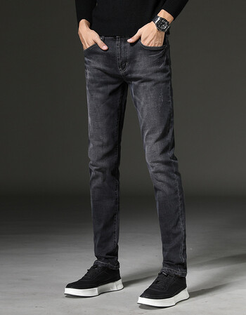 pratolee牛仔裤男春季新款男士青年时尚做旧黑灰色韩版小脚裤长裤男