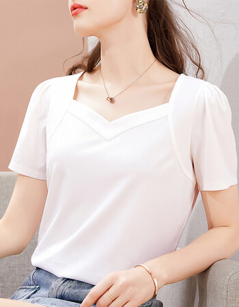 hizze丝光棉方领短袖t恤女夏季女装新款潮修身显瘦打底衫法式泡泡袖