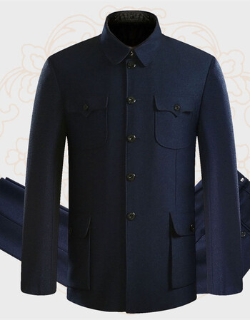 人中山服爸爸装爷爷外套加绒保暖冬季父中山装套装 藏蓝色中山装套装