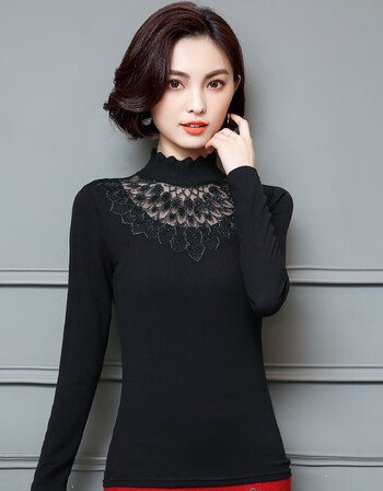 高领纱质打底衫莫代尔加绒打底衫女长袖2019秋冬季新款韩版蕾丝镂空