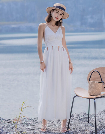 女生白色长裙女夏海边度假超仙气质雪纺吊带连衣裙露背沙滩裙仙女裙