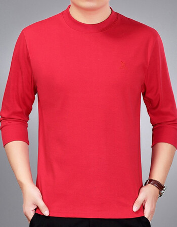 2018男士长袖t恤纯棉中年圆领宽松纯色打底衫全棉加中老年春秋季 红色