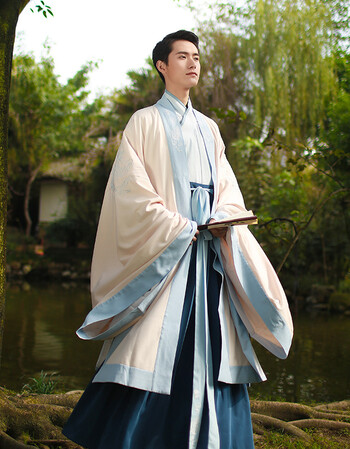 重回汉唐 传统日常汉服男装上衣下裳大氅单 古装秋冬 仅米黄色单大氅