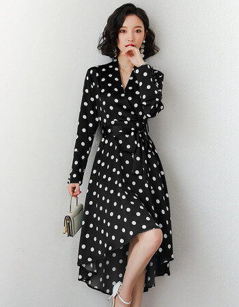 黑色波点雪纺长袖连衣裙2019新款女装春装名媛气质欧洲站职业裙子