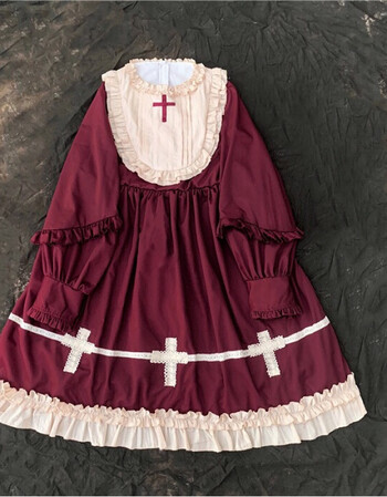 lolita洋装甜美十字架日系软妹复古公主洛丽塔日常op连衣裙萌 酒红色