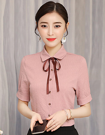 【京东优品】2019新款夏天女士白色短袖蝴蝶结衬衫衣女土修身显瘦村杉