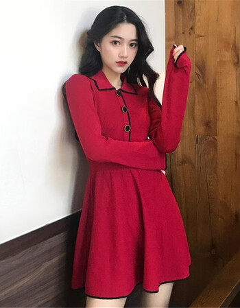 yangke 时尚潮牌春装新款韩版红色打底针织连衣裙女修身