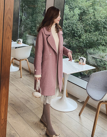 新款气质中长款毛呢外套女秋冬季新款宽松显瘦2019流行呢大衣@ 藕荷色