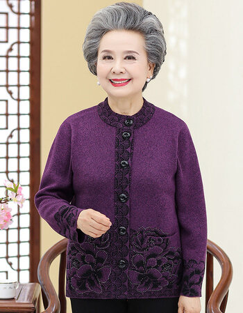 老年女装妈妈秋外套毛衣针织开衫老年人装女奶奶装老太太衣服 紫色 l