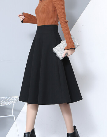 柯梵图高腰中长款毛呢半身裙秋冬2018新款大摆裙a字裙百搭大码加厚