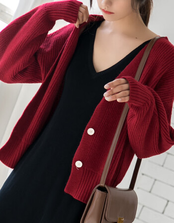 针织开衫女2019春季新款慵懒毛衣外套春节新年j 酒红色 s