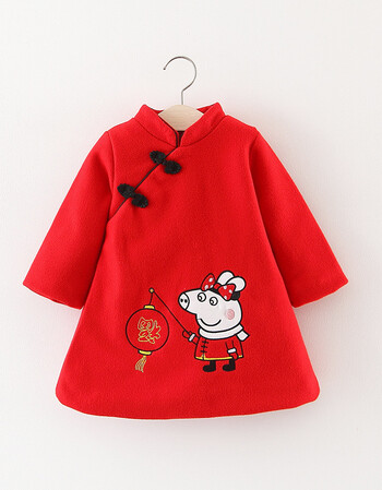 品牌女童毛呢2019新款秋冬儿童旗袍裙洋气小猪佩奇唐装新年服3-5岁潮