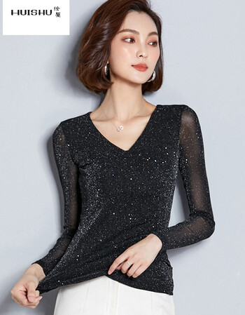 亮丝纱网沙亮金丝闪光丝打底衫女低领长袖金银丝网纱薄款纱衣秋冬