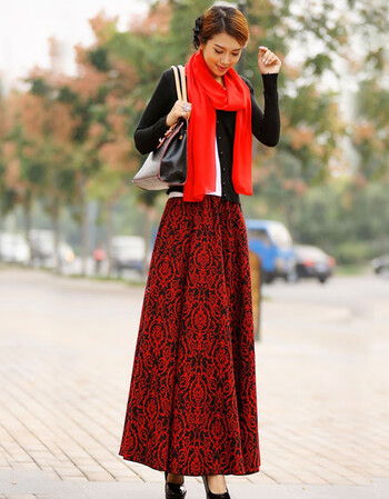 新款春秋女高腰大码碎花下半身裙冬季长款长裙a字裙仙女裙子 酒红色