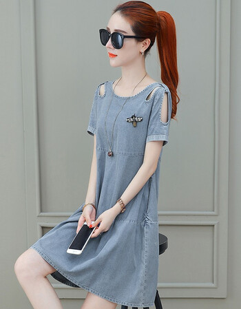 闺园2019新款韩版显瘦胖mm夏装休闲中长款宽松裙子潮 蓝色 s