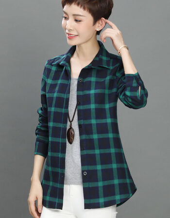格子衬衣女长袖2019春装修身显瘦上衣中年妈妈装加厚加绒衬衫 1187绿