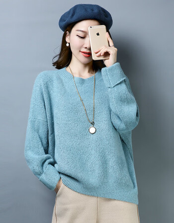 大码女装毛线衣宽松短款大款针织衫胖mm新款毛衣外穿 蓝色 m
