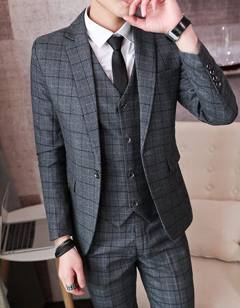 春新款格子西装三件套装男英伦绅士发型师新郎结婚礼服正装 205灰色