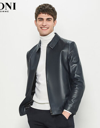boni/堡尼商务男皮夹克羊皮翻领皮衣男真皮宽松短款男士外套皮衣 灰