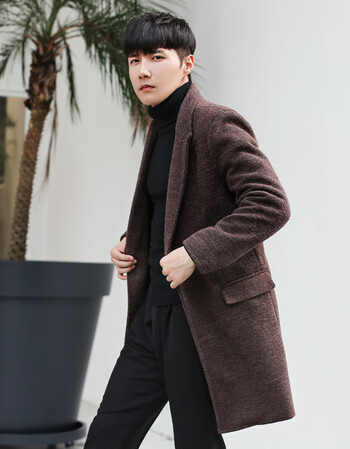 男生中长款风衣外套韩版潮流男士2018新款帅气修身休闲外套男 咖啡色