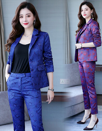 早秋印花色女士西服套装小码矮个子秋季短款小西装两件套小脚裤 黄色