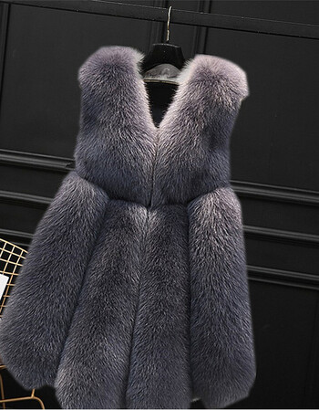 秋冬新款仿狐狸毛皮草马甲女韩版保暖坎肩背心毛毛外套中长款 深灰色
