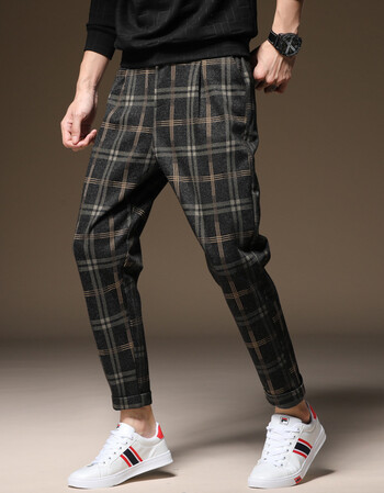 裤男休闲裤宽松小脚哈伦裤秋冬季毛呢裤男士韩版潮流英伦风 黄格子 m