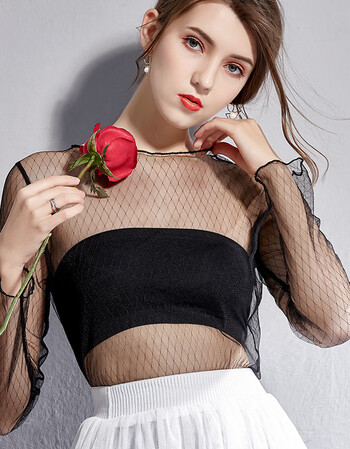 【京东优选】渔网上衣网纱打底衫女长袖透明蕾丝内搭网状镂空网格薄纱