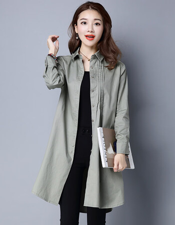 恒源祥大码衬衫女中长款长袖韩版衬衣春新款女宽松休闲衬衫潮 灰绿 m
