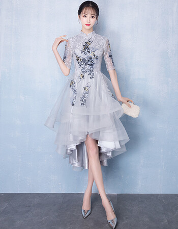 中式晚礼服宴会2019新款时尚高贵优雅旗袍前短后长小礼服连衣裙女浅灰色