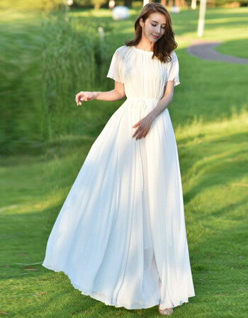 珂梵图大摆夏装短袖雪纺沙滩到及脚踝长款裙子连衣裙长裙白色度假裙