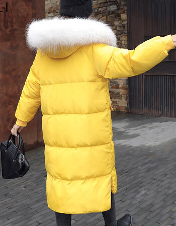 韩版冬装新款羽绒服女中长款过膝大毛领面包服加厚学生外套潮 柠檬黄