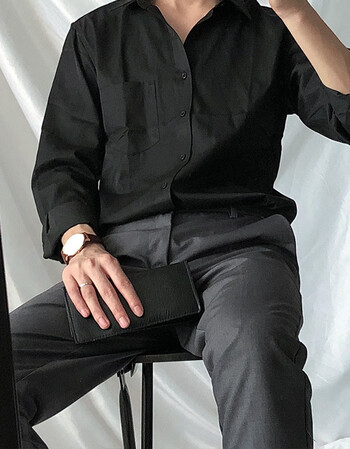 店主自留款暗色系修身纯黑商务衬衫男休闲方领纯色衬衣 商务黑 38