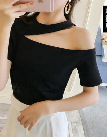 秋冬韩范性感挂脖露肩打底衫上衣一字领半肩长袖修身显瘦t恤女 黑色