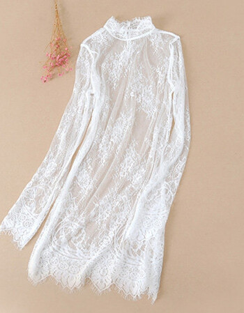 透明蕾丝性感打底衫网衫上衣长袖立领罩衫女裙镂空内搭外穿中长款青春