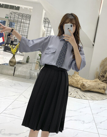 畢業照服裝英倫高中校服學生裝2019 女灰7分袖 黑長裙 新款短領帶 s