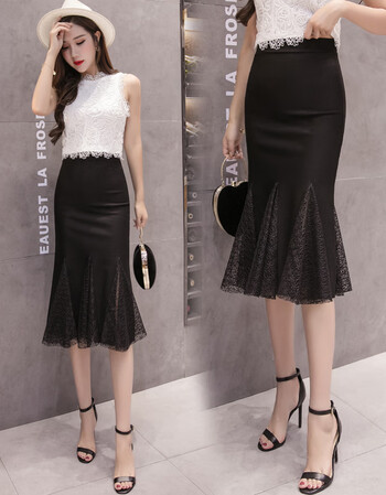 荷叶边半身裙女夏装蕾丝拼接喇叭裙高腰中长款包臀裙优雅长裙 黑色 s