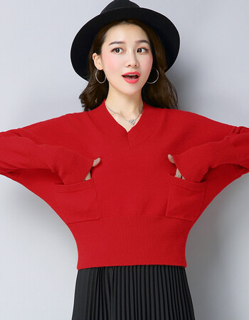 秋冬新款女装韩版套头宽松蝙蝠衫短款毛衣女百搭针织打底衫潮 红色 m
